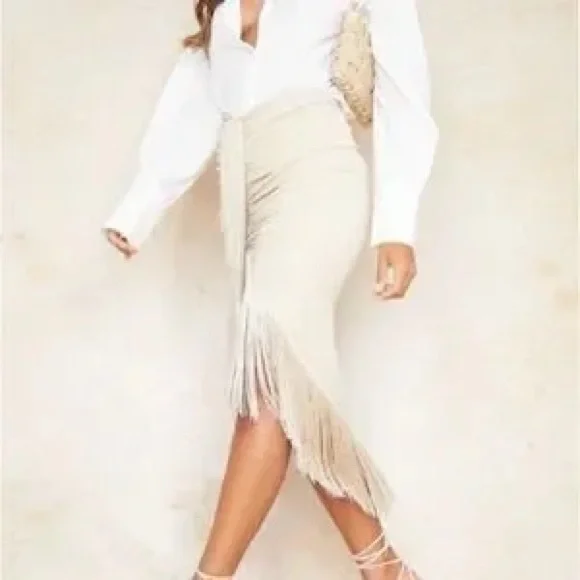 PrettyLittleThing Cream midi tassel midi skirt - Picture 1 of 4